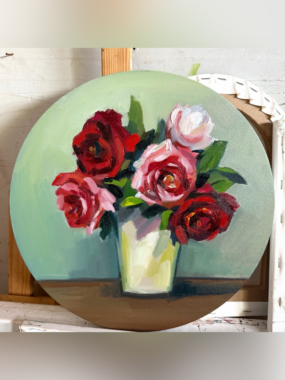 Crimson Roses – Original Oil Painting, 12 × 12 in Round Canvas